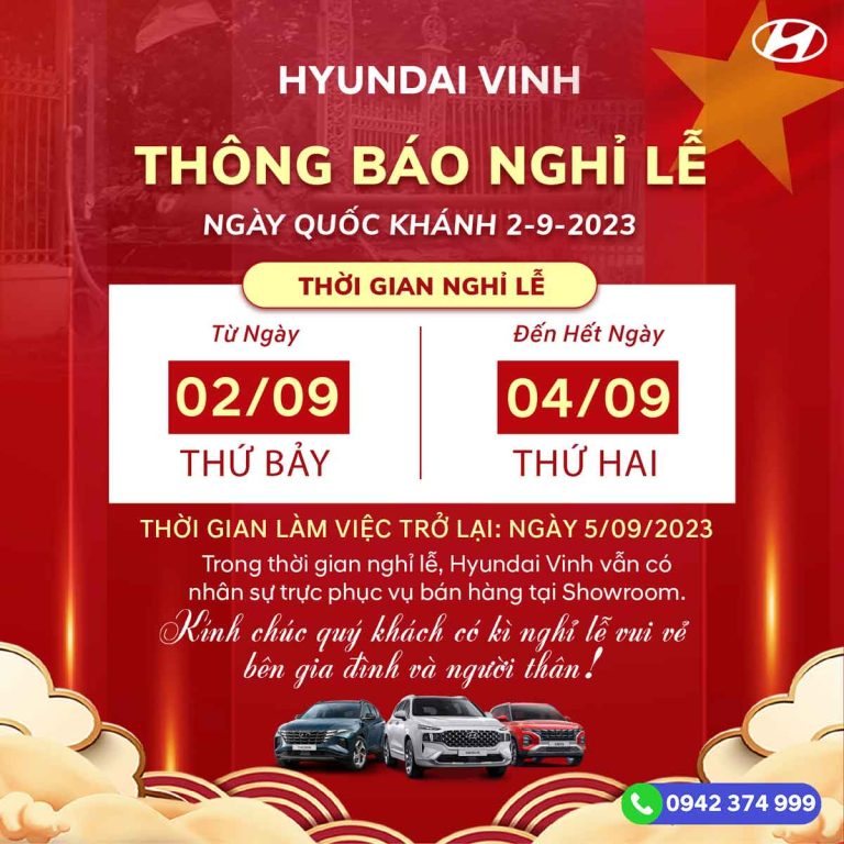 Lịch nghỉ lễ quốc khánh 02/09/2023 của Hyundai Vinh