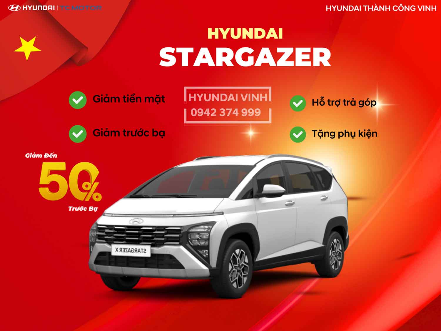 Khuyến mãi Hyundai Stargazer tháng 06/2025 tại Nghệ An – giảm 50% trước bạ, tặng phụ kiện