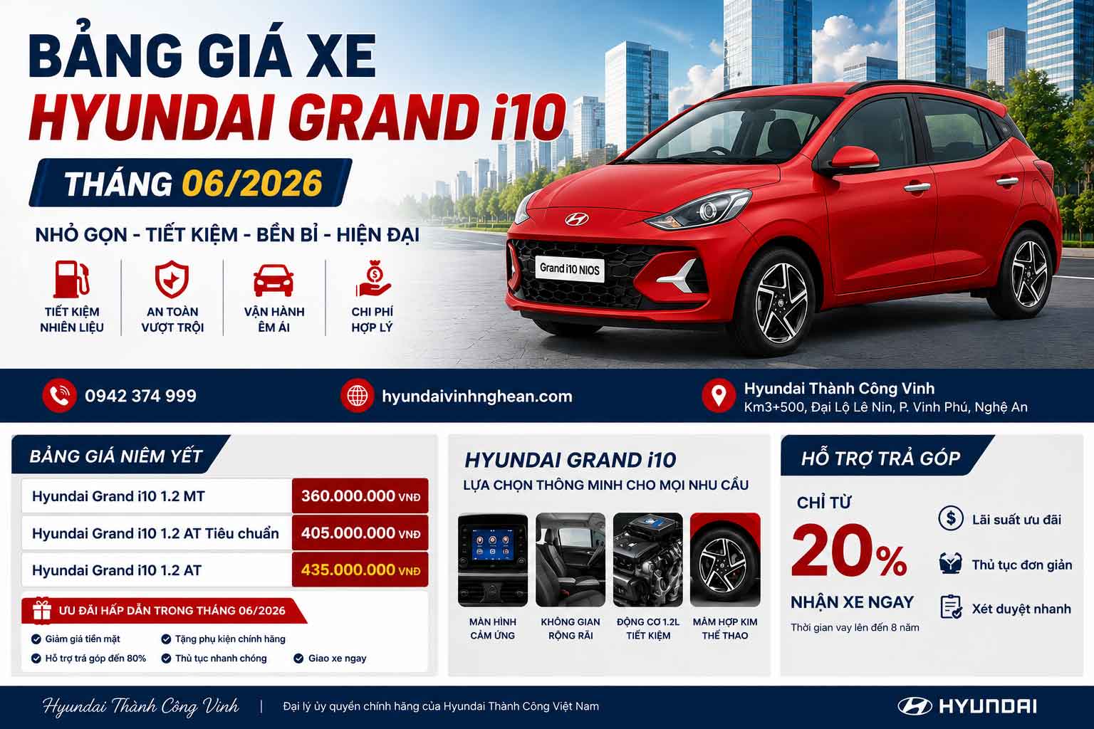 bảng giá xe Hyundai Grand i10 tháng 06/2026 tại Nghệ An