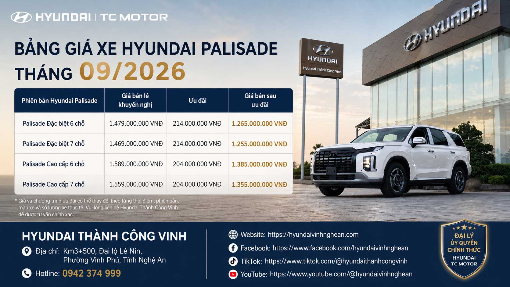 Bảng Giá Xe Hyundai Palisade Tháng 09/2026 Tại Nghệ An - Cập nhật mới nhất